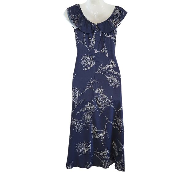 Carly Jean Off The Shoulder Midi Dress Ruffled Floral Navy Blue White Size Small - Picture 2 of 8